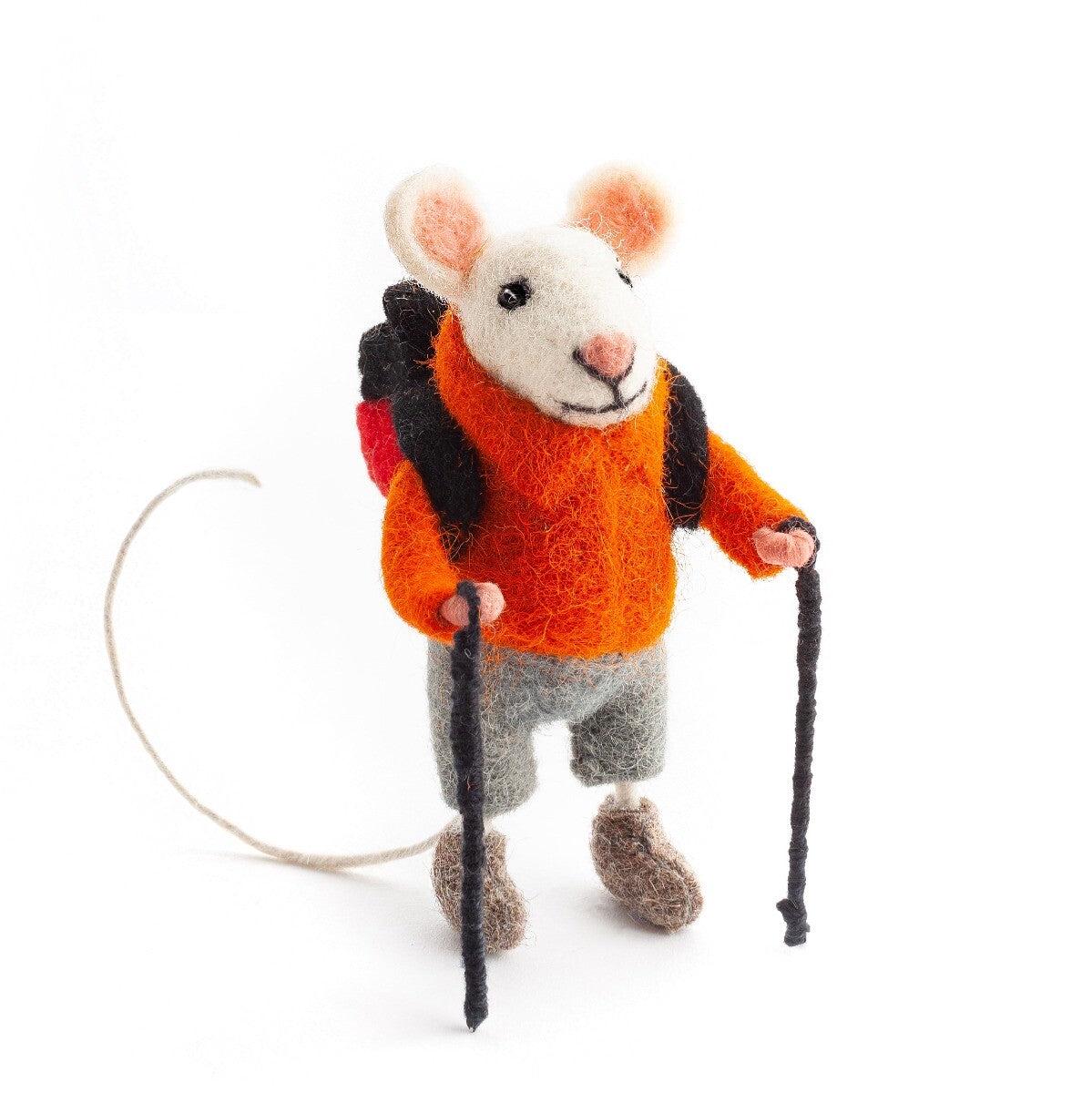 Felt Hiking Mouse Needle Felted Mouse Plush Toy, Handmade Wool Animal Figurine, Cute Outdoor Decor, Nature Lover Gift, Soft Felt Collectible