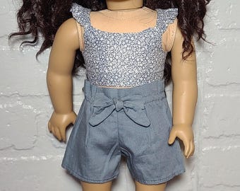 Dusty Blue Tie-Waist Shorts and Floral Crop Top Outfit for 18 Inch Dolls