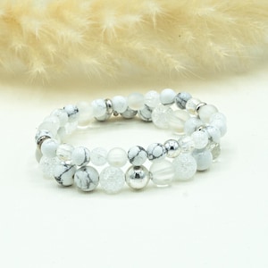 White Howlite, Crackle Quartz, Matte Crystal Quartz & Silver Hematite Braclet | Healing | 6mm or 8mm | Women’s Gemstone Bracelet Gift