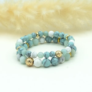 Türkis Howlith, Amazonit, Weißer Howlith & Gold Lavastein Armband | Ruhe | 6mm oder 8mm | Edelstein Bead Stacker Armband-Set