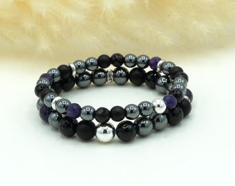 Pulsera de hematita, ónix negro, obsidiana mate, amatista facetada y hematita plateada / Protección / 6 mm u 8 mm / Pulsera de piedras preciosas de regalo para mujer