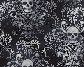 SKULL DAMASK NEGATIVE Charcoal (agotado) de Wicked Collection de Timeless Treasures Fabrics