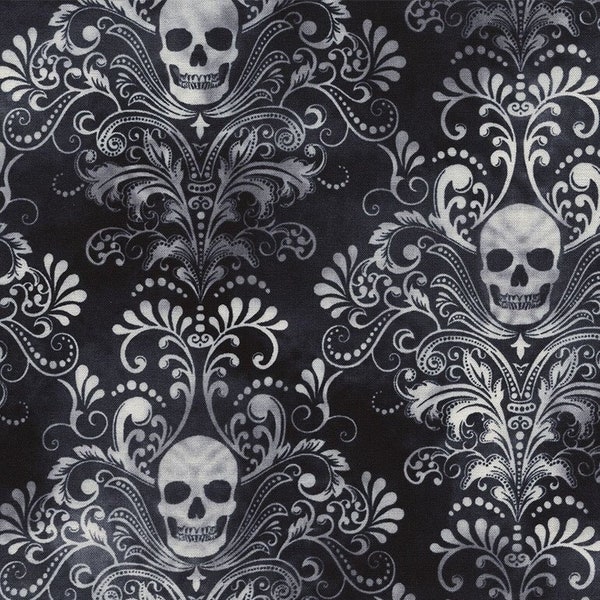 SKULL DAMASK NEGATIVE Charcoal (Out of Print) from Wicked Collection by Timeless Treasures Fabrics