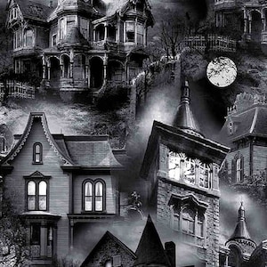 WICKED HAUNTED HOUSES Black (Out of Print) from Wicked Collection by Timeless Treasures Fabrics