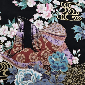 Lady Murasaki and colorful flowers black background fabric made in Japan