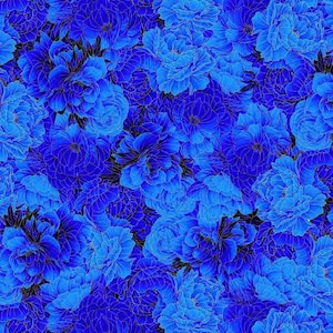 LARGE PACKED Metallic Floral Blue from Royal Plume Collection by Chong-A Hwang Designer for Timeless Treasures fabrics