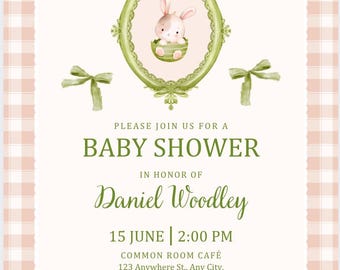 Invito digitale modificabile per baby shower con coniglietto verde e a quadri