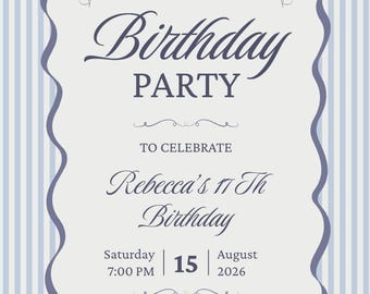 Modello digitale modificabile per invito di compleanno minimalista blu e bianco