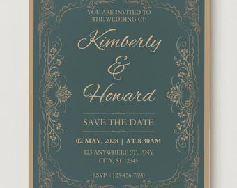 Elegante invito di matrimonio vintage verde e oro per annunciare la data delle nozze.