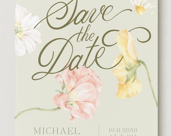 Elegante invito di nozze con illustrazioni floreali per annunciare la data del matrimonio.