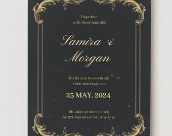 Elegante invito di nozze in nero e oro per annunciare la data del matrimonio.