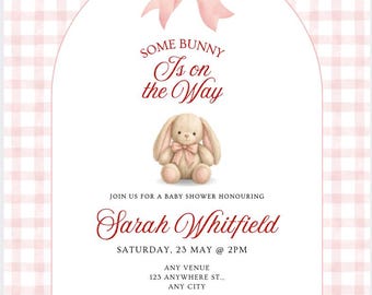 Invito digitale modificabile per baby shower a tema coniglietto con sfumature rosa.