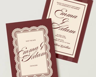 Invito di nozze vintage romantico color bordeaux e avorio, personalizzabile.