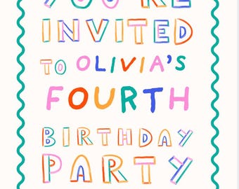 Invito digitale modificabile, colorato, luminoso e giocoso per feste di compleanno per bambini.