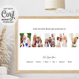 Cadeau d'art mural collage photo nounou pour maman, cadeau modifiable pour la fête des mères, carte de voeux photo imprimable personnalisée grand-mère lettre modèle 029