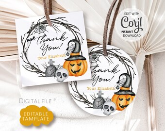 Personalized Halloween Gift Tags Template, Printable Editable Favor Tag, happy Halloween Thank You card Label Digital Instant Download #g009