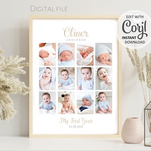 Bearbeitbares erstes Jahr Fotocollage Vorlage, Baby 1.Geburtstag Geschenk, Babys erstes Jahr druckbares Poster Bilder Collage digitaler Download #032