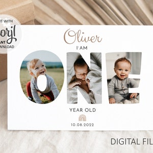 Modèle modifiable de carte-cadeau 1er anniversaire de bébé, collage de photos de 1 an, affiche imprimable de la première année de bébé, téléchargement numérique de photos #026