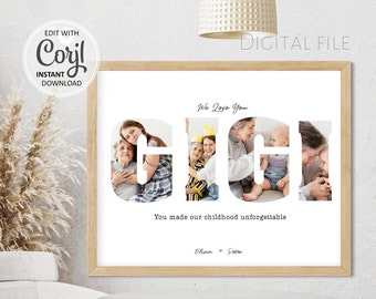 GIGI Photo Collage wall art gift for Mom, Editable Mothers Day Gift, Personalized printable Grandma Letter Photo greeting card Template #008