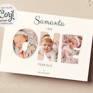 Modèle modifiable de collage photo d'un an, carte-cadeau 1er anniversaire de bébé, affiche imprimable pour la première année de bébé, téléchargement numérique de photos #019