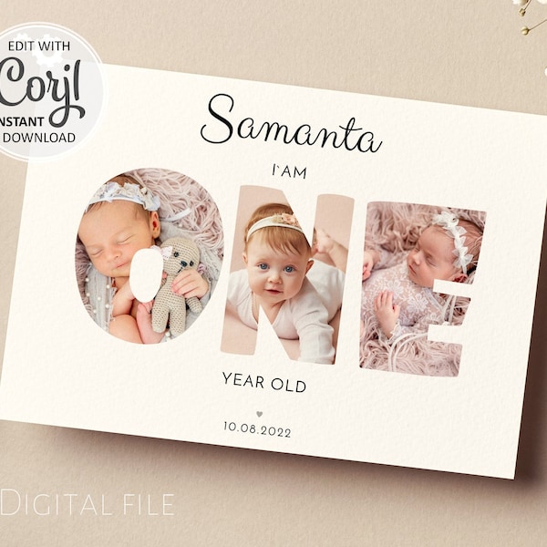 ONE year old photo collage Editable Template, Baby 1st Birthday gift card, Babys First Year Printable Poster pictures digital Download #019