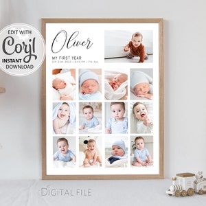 Modello di collage fotografico modificabile del primo anno, regalo per il primo compleanno del bambino, poster stampabile del primo anno del bambino, collage di immagini digitali da scaricare #036