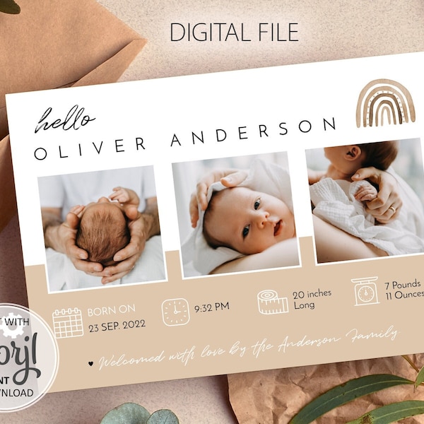 Newborn Birth Announcement Card, Baby birth Stats Announcement Template, printable Photo Announce editable digital Instant download 002b