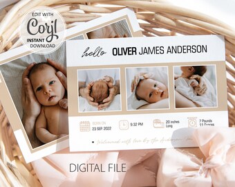 Photo Baby Birth Announcement Card: Stats Template (Digital Download) 001b