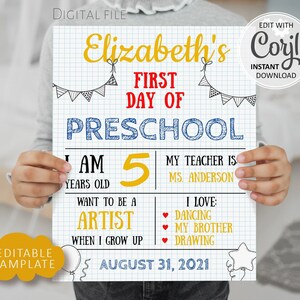 First Day of School Stats Sign, Printable Back to School Board, Editable First Day of Kindergarten, PreSchool Instant Download Template #022