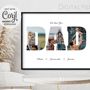 Collage de fotos editable para papá, regalo del Día del Padre, regalo de arte de pared imprimible personalizado para papá, plantilla de impresión fotográfica con letras para papá n.° 003
