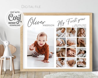 Editable first year photo collage Template, Baby 1st Birthday gift, Babys First Year Printable Poster pictures Collage digital Download #035