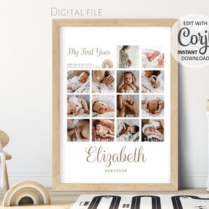 Erstes Jahr Fotocollage Vorlage, Baby 1.Geburtstag Geschenk, Babys erstes Jahr bearbeitbares druckbares Poster Bilder Collage digitaler Download #030