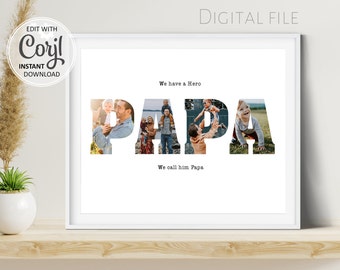 Collage de fotos de papá, regalo editable del Día del Padre, regalo de arte de pared imprimible personalizado para papá, plantilla de impresión de fotos de cartas de papá #002