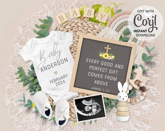 Christian Rainbow Pregnancy announcement Digital, Religious Baby Reveal Gender Neutral Editable Letterboard Announce Social Media #027