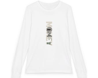 Geld Vertikaler Text Jugend Langarm T-Shirt | Camo Typografie
