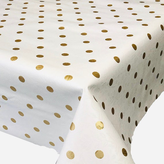 Polka Dot White Gold Tablecloth Pvc Wipe Clean Oilcloth Table Etsy