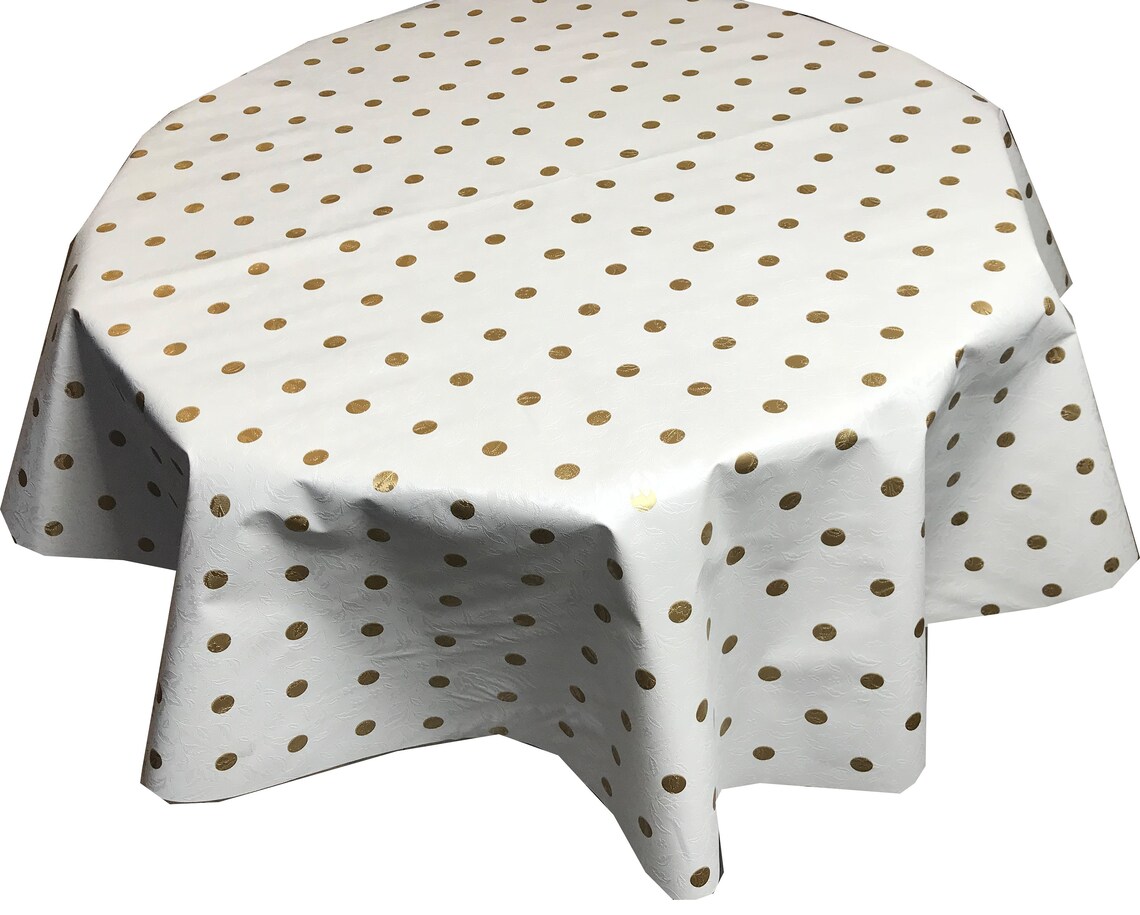 Polka Dot White Gold Tablecloth Pvc Wipe Clean Oilcloth Table Etsy