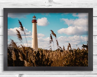 May include: Framed print featuring a tall, white lighthouse with a red top, set against a blue sky with fluffy clouds. The foreground includes tall, dried grasses. The print is in a black frame. Text at the bottom reads "NO FRAME OR MAT INCLUDED".