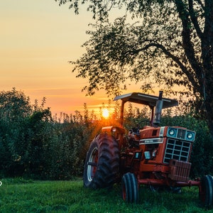 Landscape Wall Art - Red Tractor at Sunset, Cidery, Farm - Photography Artwork Digital Download