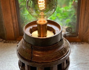 Antique Wooden Cart Wheel Hub Converted to LED lamp Light