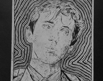 May include: A black and white woodcut print of a man's face. The man has short, wavy hair and is wearing a collared shirt. The background is a pattern of wavy lines.