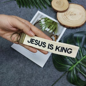 JESUS IS KING embroidered key tag, Christian Keychain, Christian Keyfob, Christian Gifts, Religious Gifts, Cotton Keychain