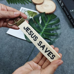 JESUS SAVES embroidered key tag, Christian Keychain, Christian Keyfob, Christian Gifts, Religious Gifts, Cotton Keychain