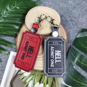 Ticket To Hell Embroidered Bag Tag horizontal and vertical styles, Funny Keychain, embroidered charm tag, Funny Gifts