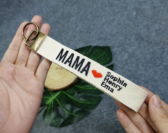 Geborduurde mama-sleutelhanger: gepersonaliseerde kindernamen, katoenen sleutelhanger