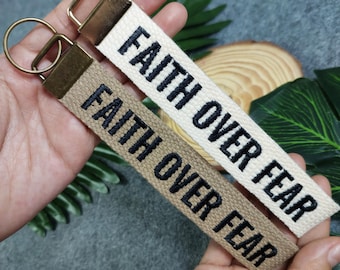 Embroidered "Faith Over Fear" Cotton Keychain - Christian Gift
