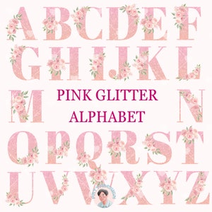26 PNG Alfabeto con purpurina rosa Clipart, Fuente, Las letras están decoradas con rosas rosadas, Manualidades digitales transparentes, Clipart de uso comercial