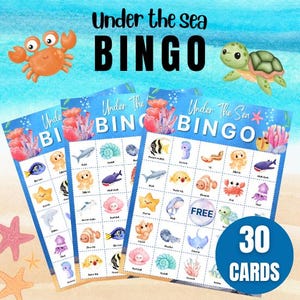 30 Cartões de Bingo Submarinos Jogo para Imprimir, Atividade Animal Oceânica para Crianças, Jogo de Bingo para Imprimir