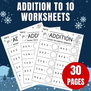 30 Printable Winter Math Worksheets Addition to 10 for Kindergarten, 1st Grade, 2nd Grade Math