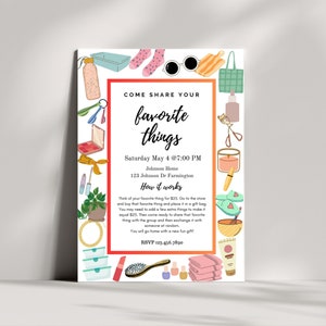 Invitación a la fiesta de cosas favoritas, invitación imprimible a la fiesta de cosas favoritas editable, invitación imprimible, fiesta de cosas favoritas